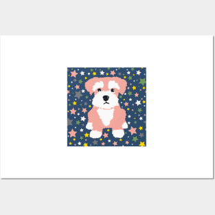 Pink Miniature Schnauzer and Stars on Blue Background Posters and Art